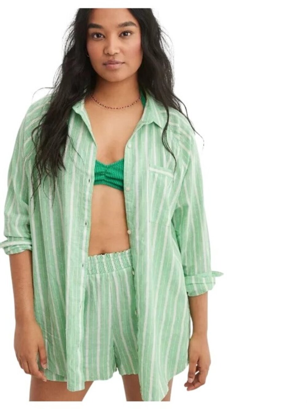 Aerie Cover Up Shirt Large Striped Button Up Long Sleeve Linen Celebrity Green